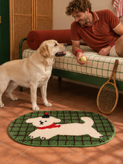 Green Plaid Puppy Oval Bath Mat — bedroom scene