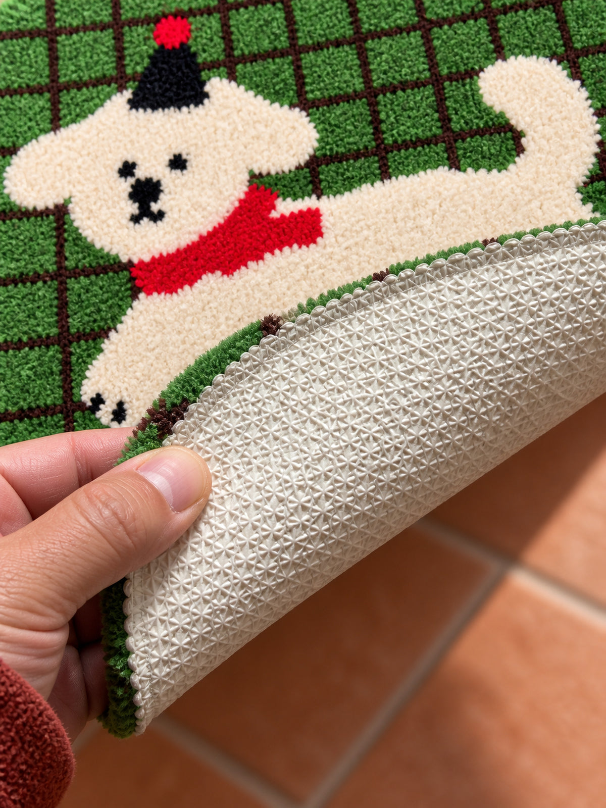 Green Plaid Puppy Oval Bath Mat — backing detail