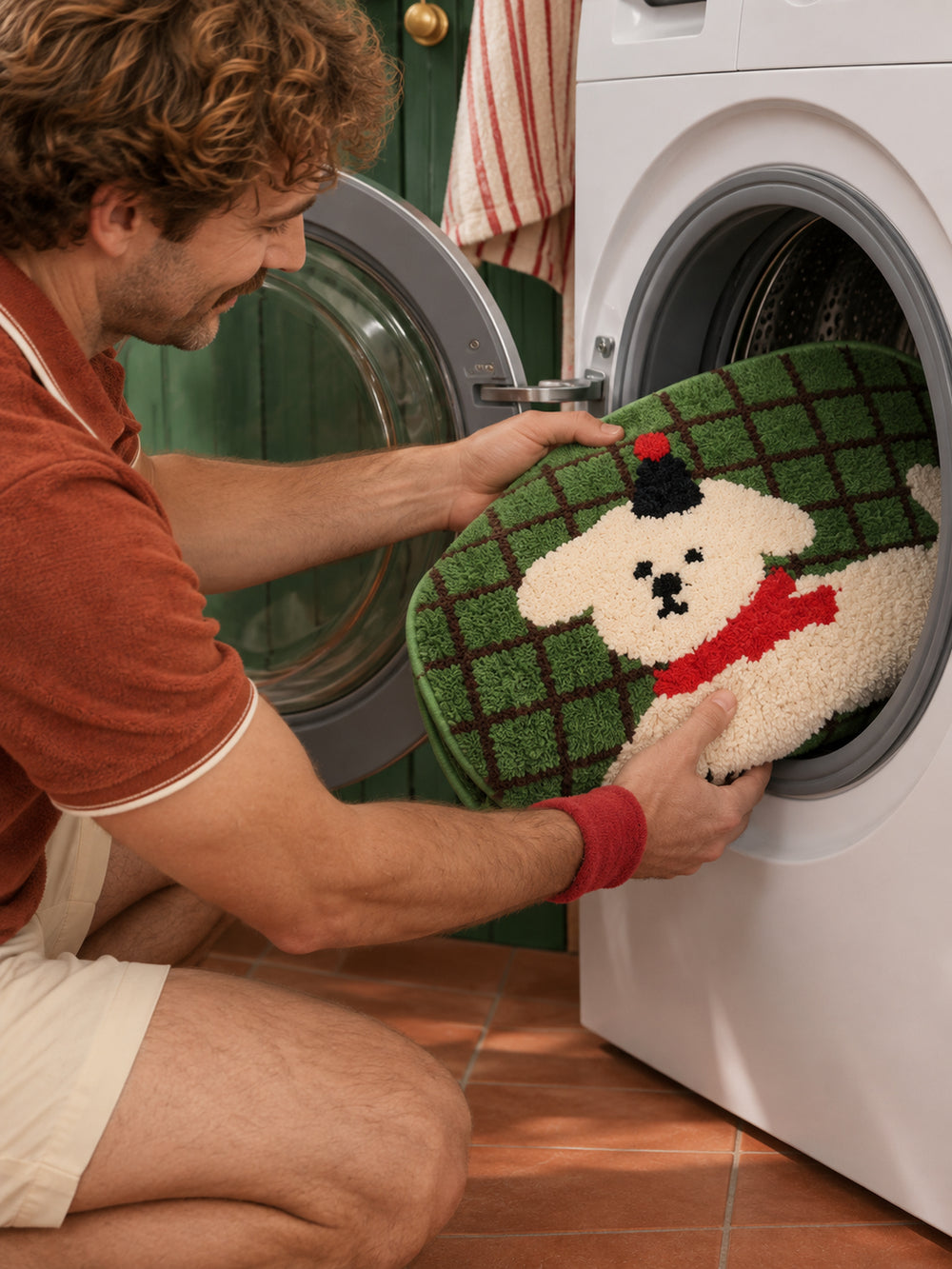 Green Plaid Puppy Oval Bath Mat — machine wash