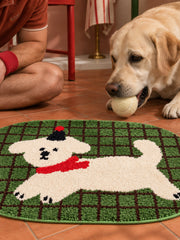 Green Plaid Puppy Oval Bath Mat — bathroom context detail
