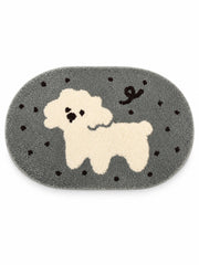 Charcoal Polka-Dot Pup Oval Bath Mat on a white background