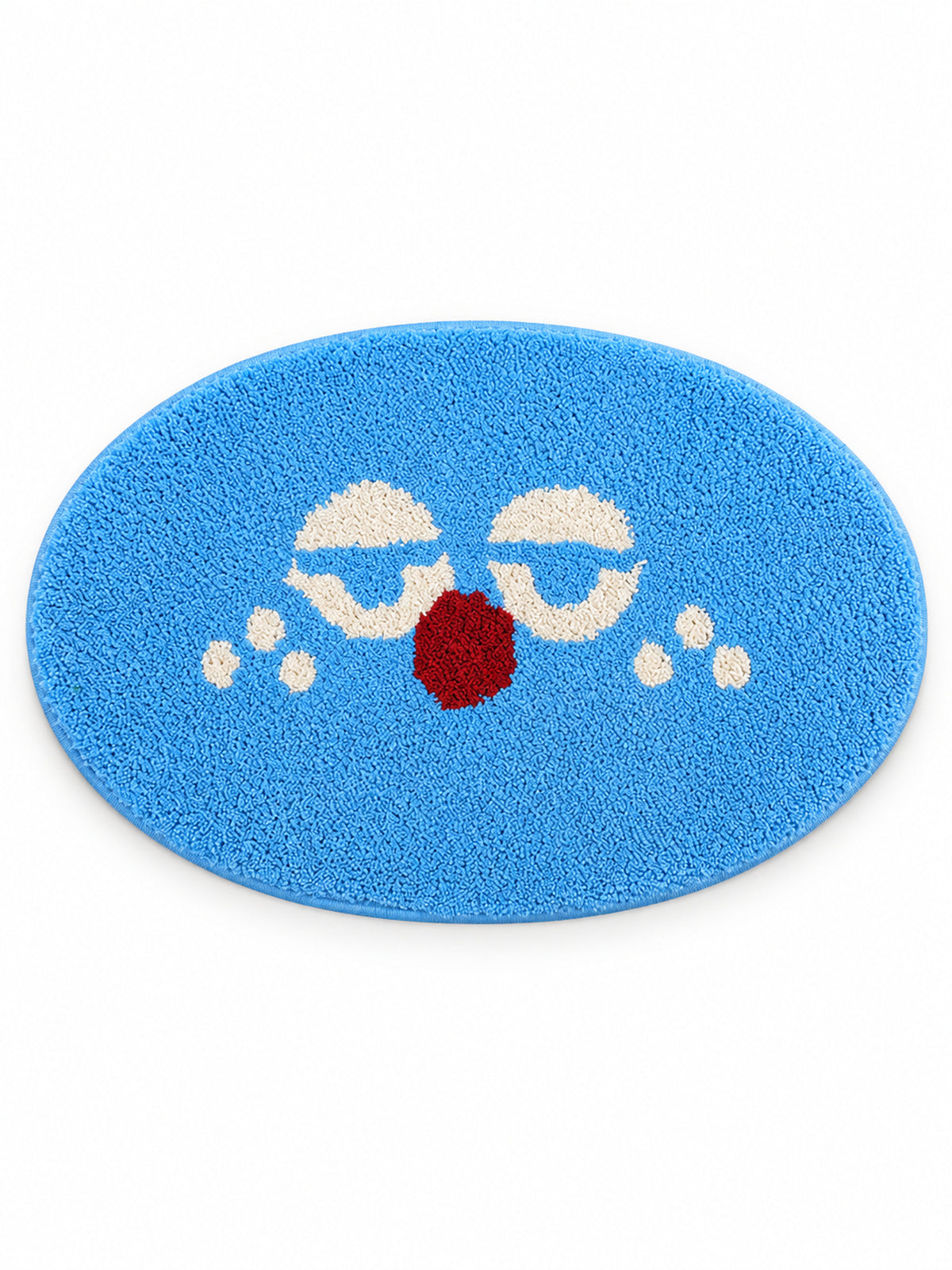 Sleepy Blue Face Oval Bath Mat on a white background