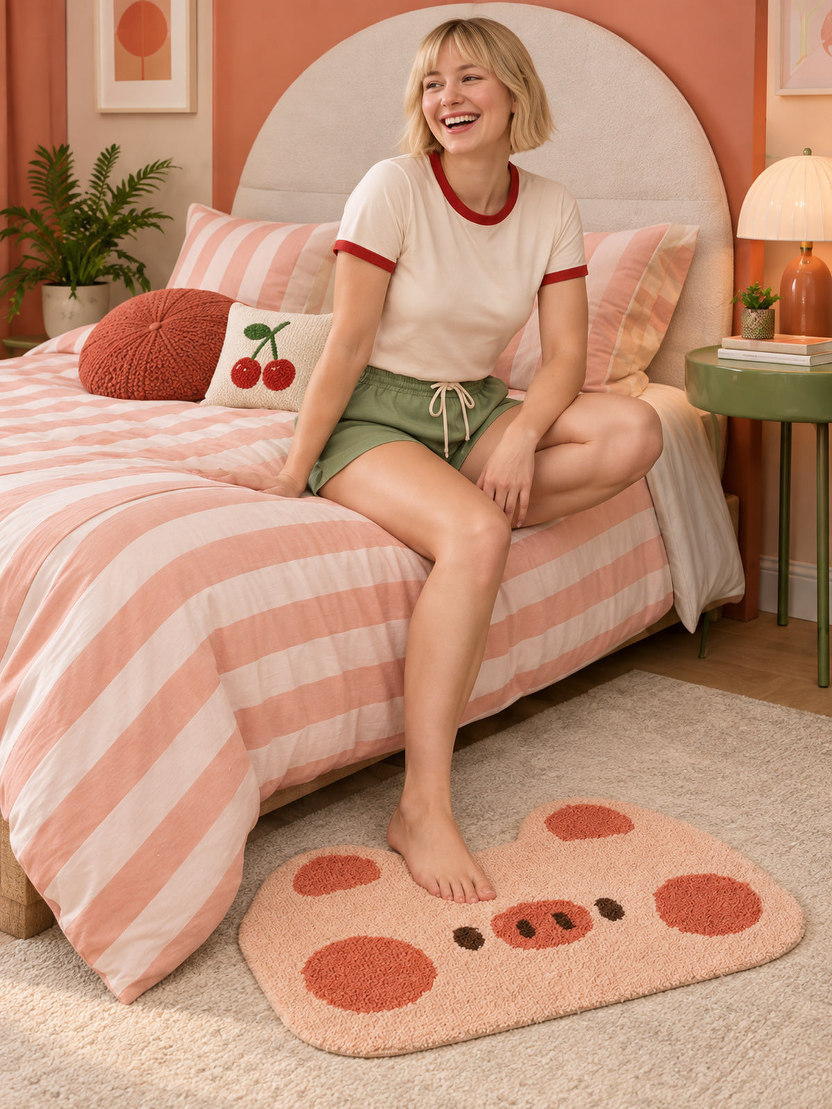Blushing Piglet Face Bath Mat — Bedroom scene