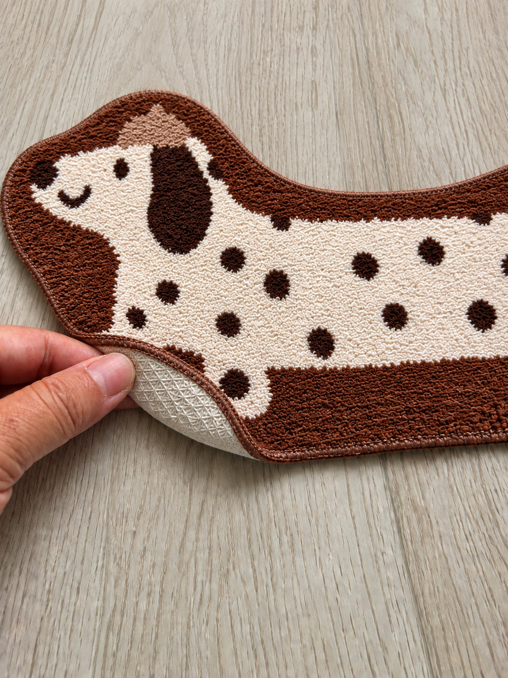 Long Dachshund Shaped Runner Rug - Spotted — backing detail