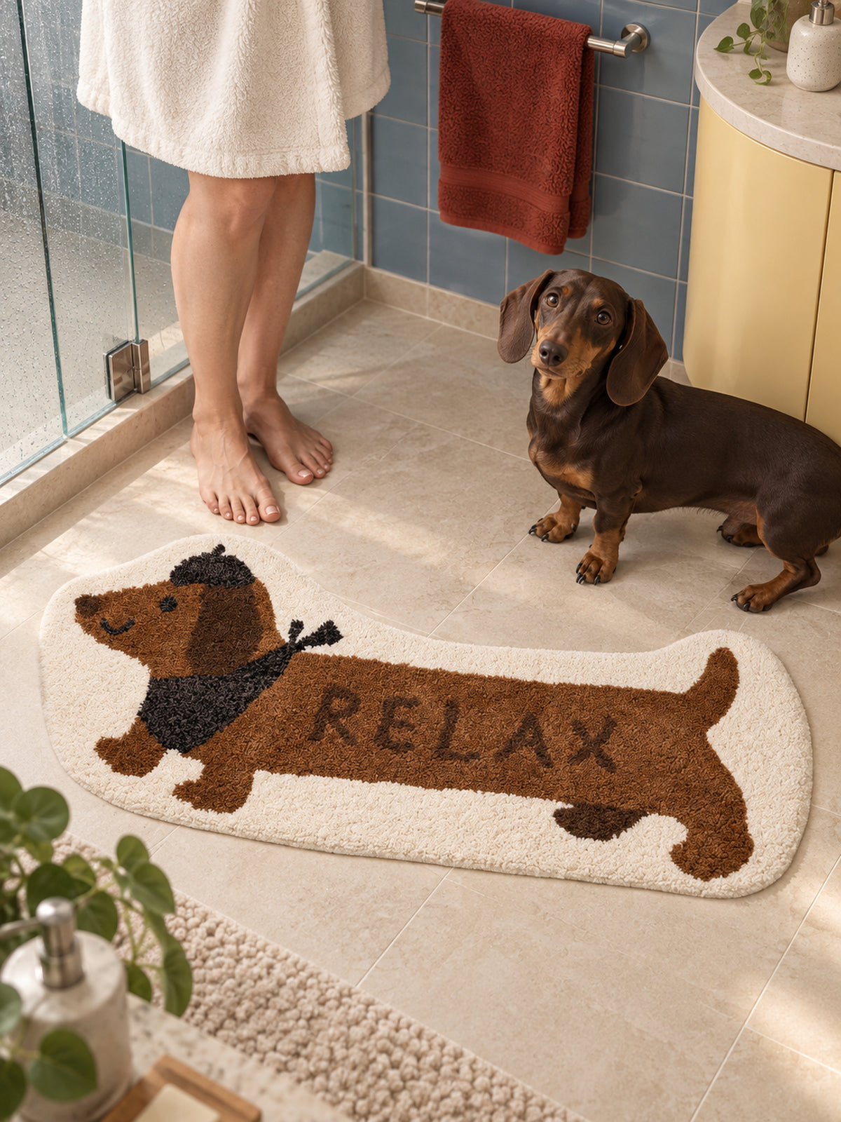 Long Dachshund Shaped Runner Rug - Spotted — bathroom scene