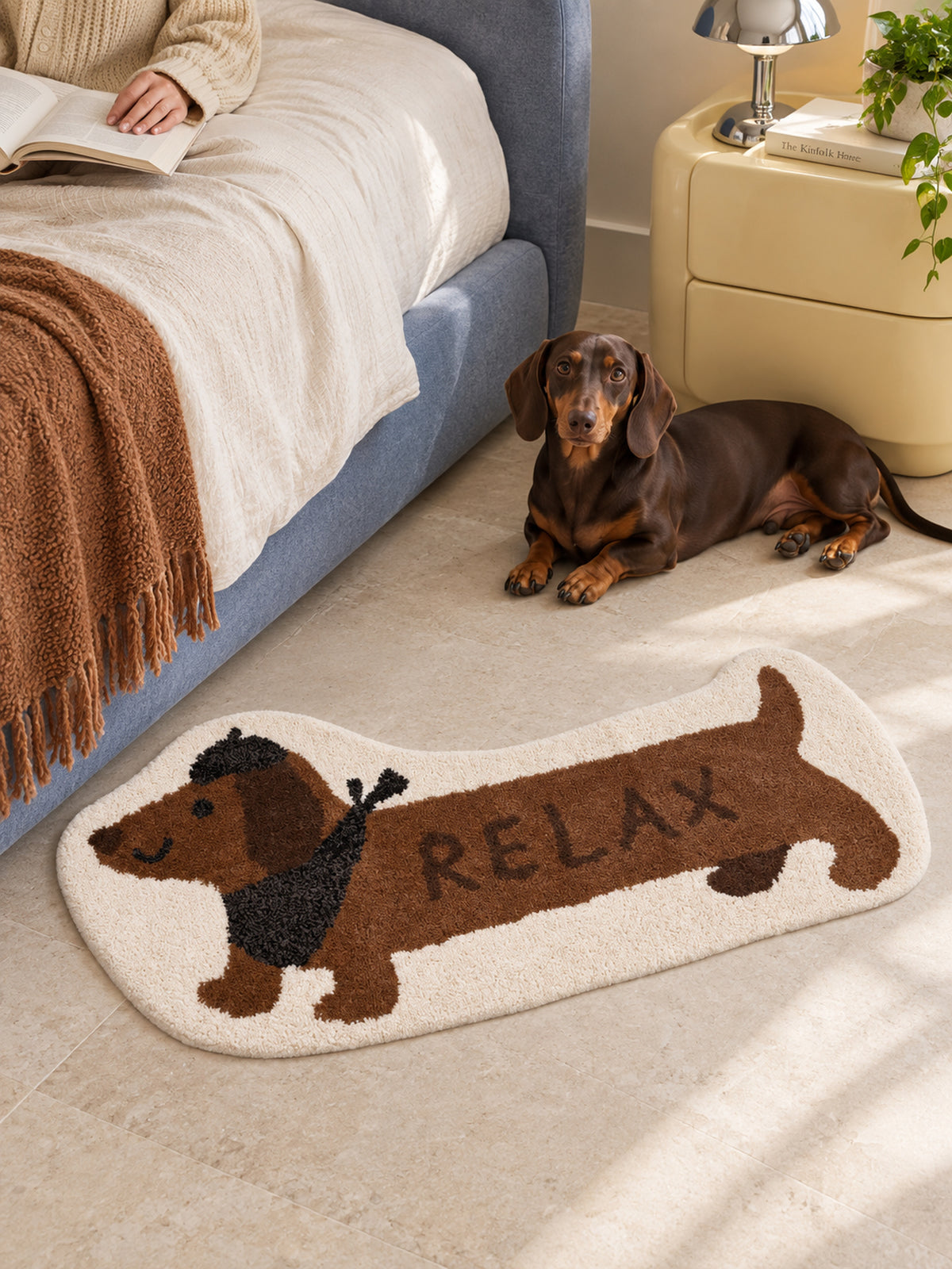 Long Dachshund Shaped Runner Rug - Spotted — bedroom scene