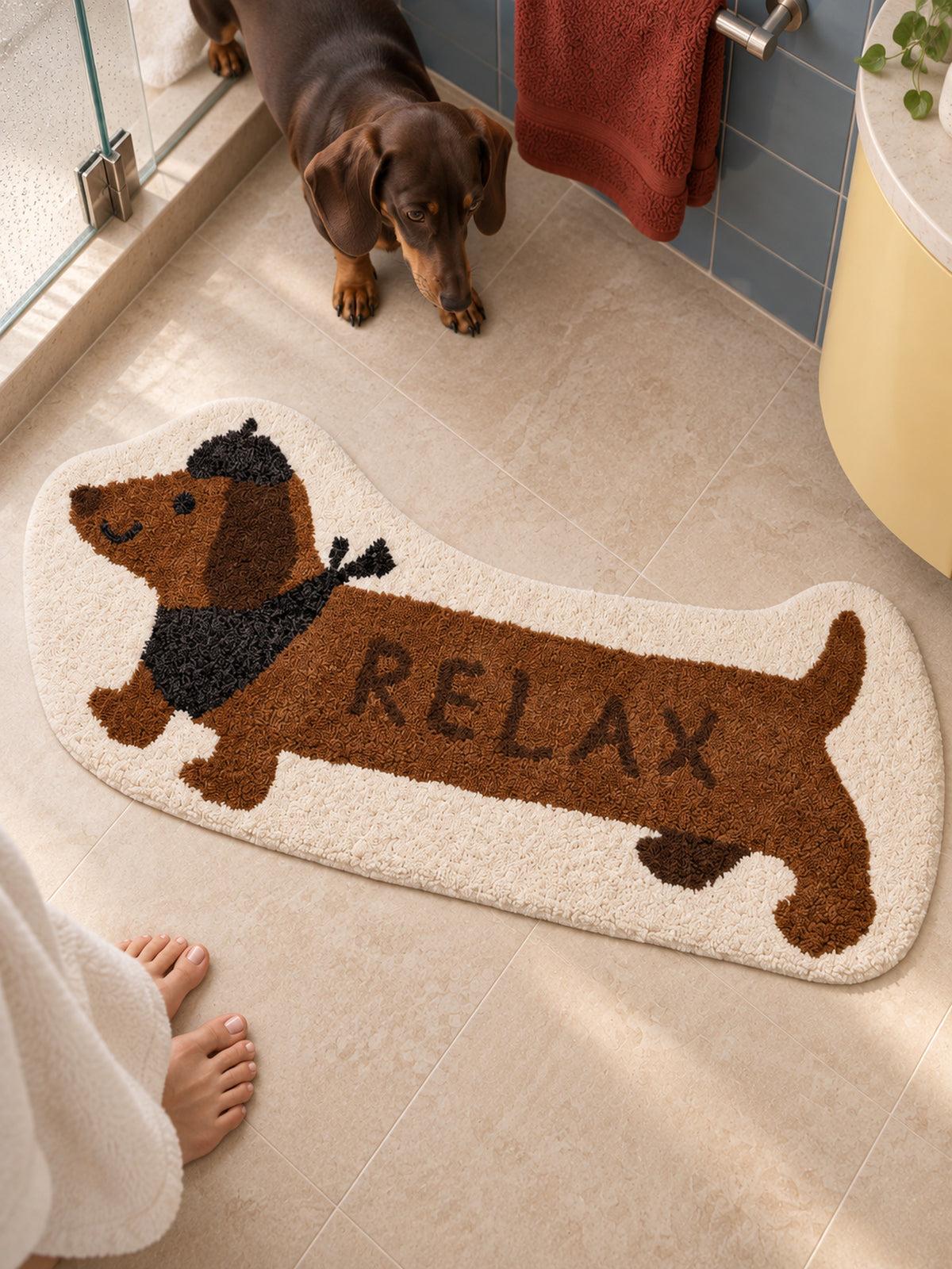 Long Dachshund Shaped Runner Rug - Spotted — bathroom context detail