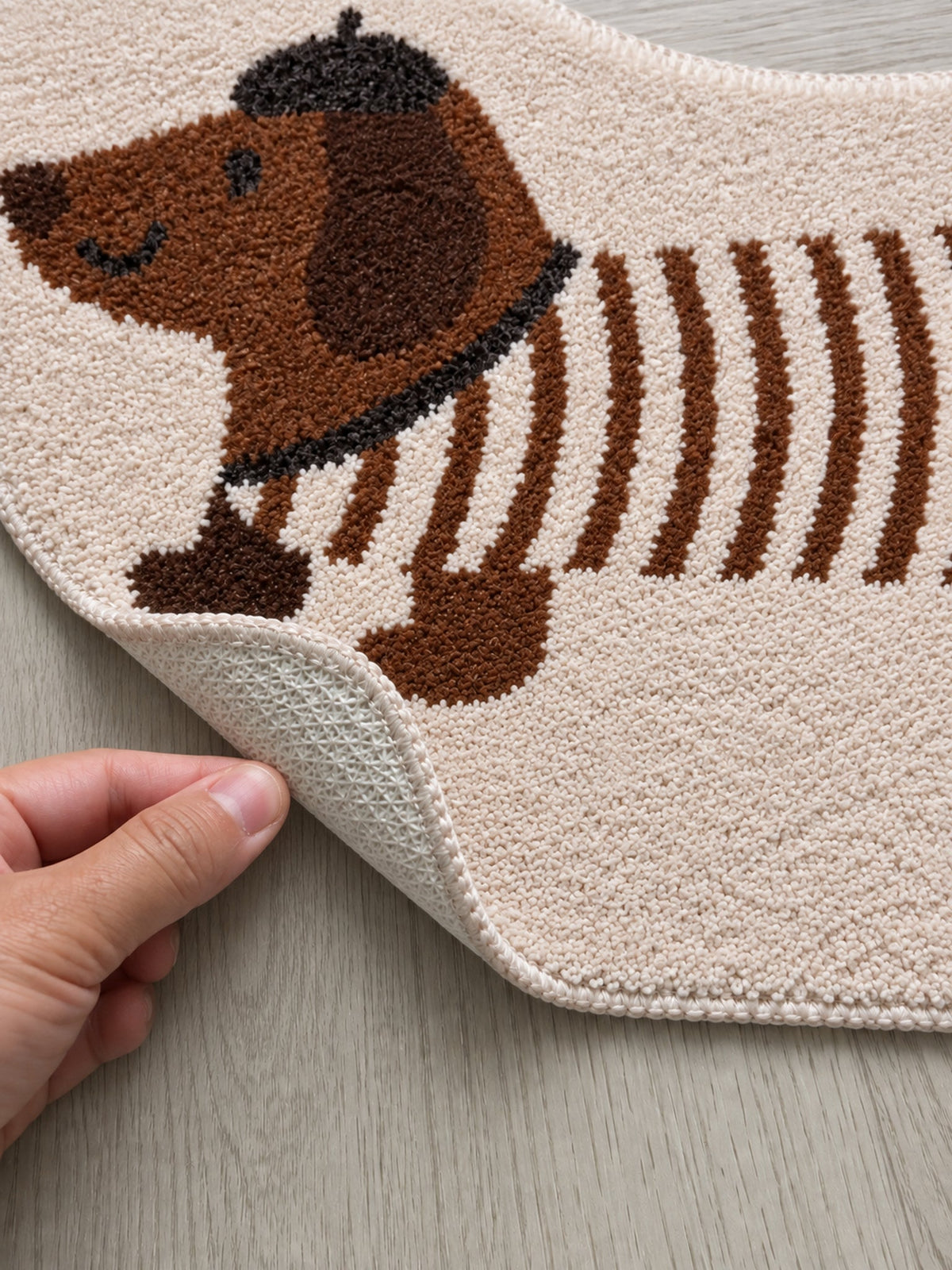 Long Dachshund Shaped Runner Rug - Spotted — backing detail