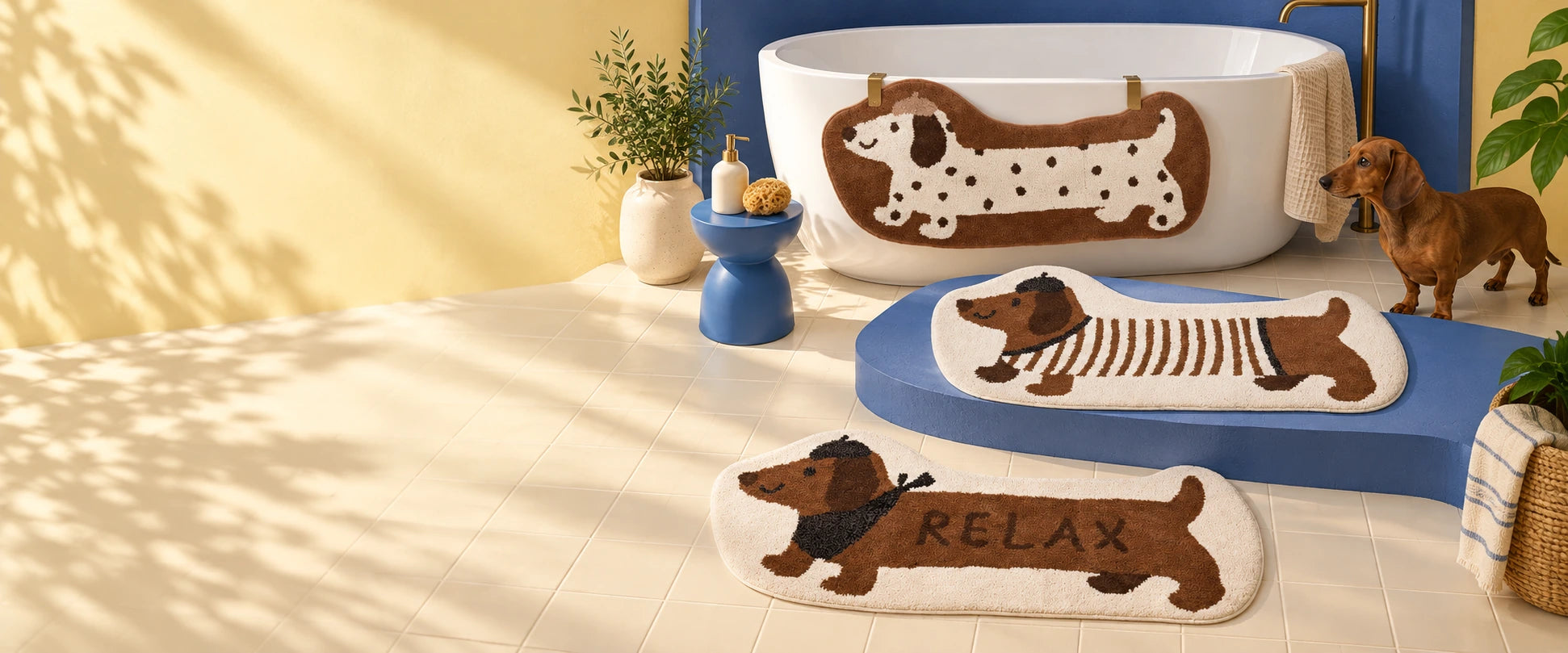 Three long dachshund mats in spotted, striped and RELAX designs styled beside a bathtub in a blue and yellow bathroom