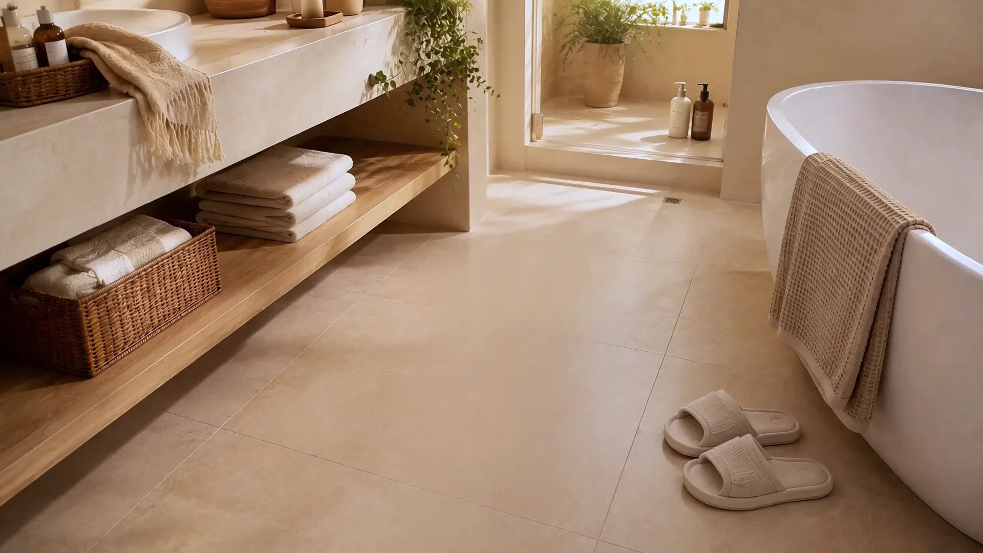 A warm, sunlit bathroom, the opening setting of our bath mat story